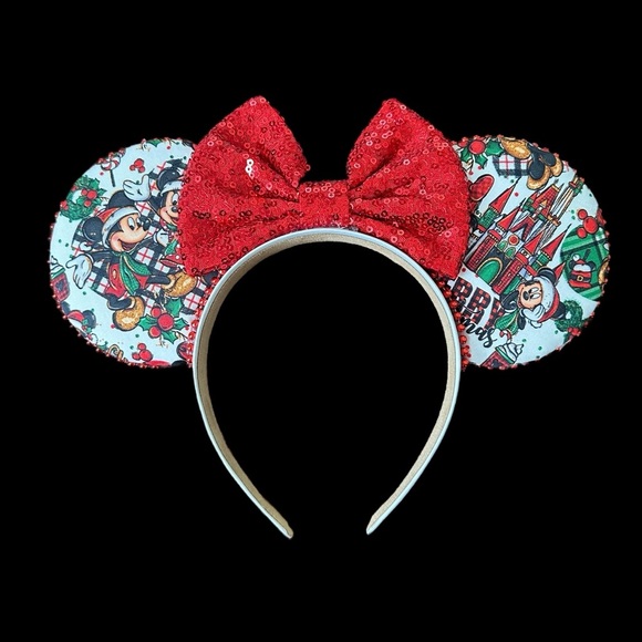 Women’s Handmade Disney Inspired Holiday Minnie Ears Red Sequined Bow - NWOT - Picture 1 of 6